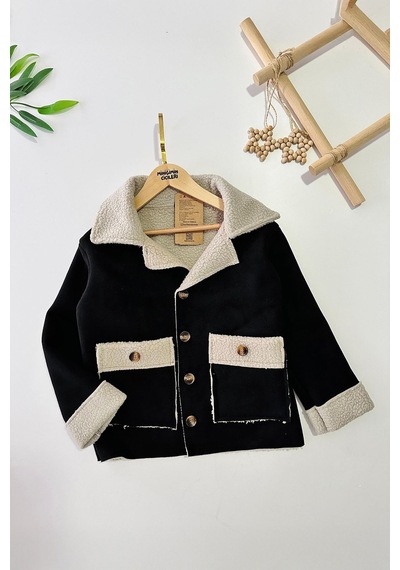 Miniğimin Cicileri Unisex 6-13 Yaş Kürklü Düğmeli Süet Ceke... Krem - Siyah