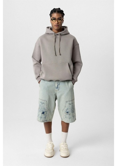 Vamos Basic Oversize Kapüşonlu Sweatshirt Açık Vızon