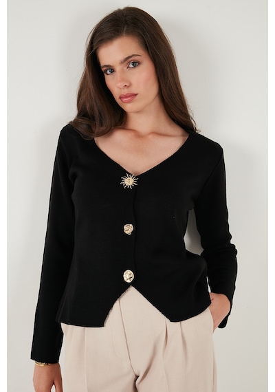 Lela Premium Regular Fit V Yaka Düğmeli Triko Bayan Hırka 680Hi00121 Siyah