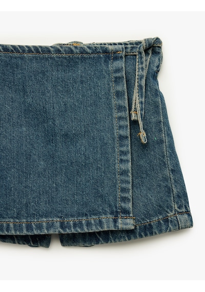 Koton Normal Bel Bağlama Detaylı Pamuklu Denim Şort Etek Orta İndigo 6smg40023ad