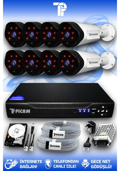 Picam 8 Kameralı Uzay 8 Dış Kamera Set 500 GB HDD Full HD Gece Görüşlü Güvenlik Kamerası Sistemi