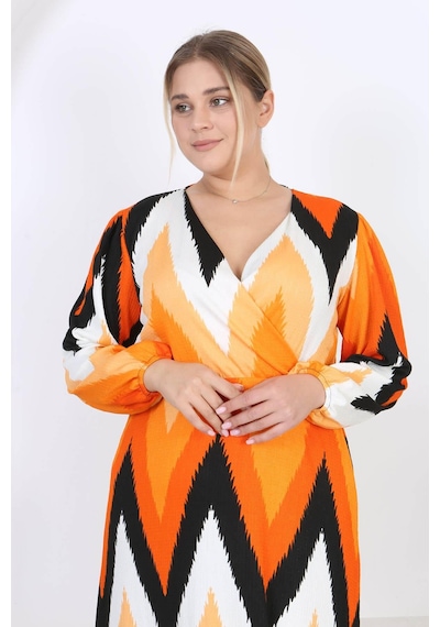 Mooi Xxl Kadın Turuncu Zigzag Desen Kruvaze Yaka Balon Kol Maxi Boy Bürümcük Elbise Turuncu Mooi Xxl Kadın Turuncu Zigzag Desen Kruvaze Yaka Balon Kol Maxi Boy Bürümcük Elbise Turuncu