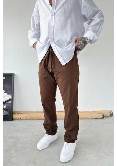 Kahverengi Baggy Keten Pantolon