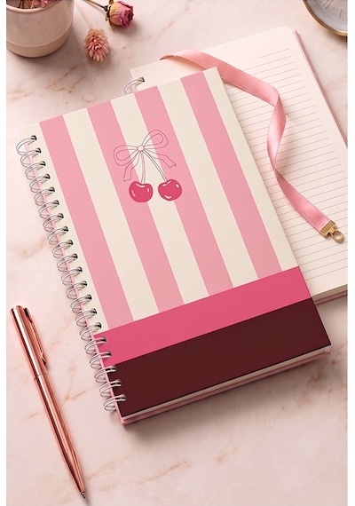 Kiraz Desenli Sert Kapak Spiralli Çizgili Defter 17x24cm 120 Yaprak 1 Adet Not Defteri Okul Büro Ofis Defteri Pembe
