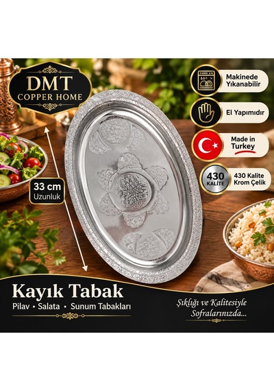 3 Adet 430 Kalite Krom Çelik İşlemeli Kayık Tabak 33 Cm El Yapımı Pilav Ve Salata Sunum Tabağı Gümüş