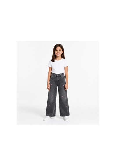 Rony Pony Kids Kız Çocuk Fiyonk Nakışlı Palazzo Kot Pantolon Yüksek Bel Geniş Paça Jean Gri