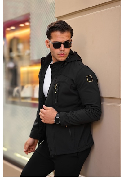 Erkek Mavi Kapüşonlu Softshell Su Ve Rüzgar Geçirmez Içi Kürklü Mont Siyah