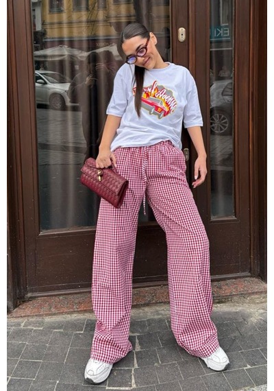 Madmext Bordo Beli Ayarlanabilir Ekoseli Bol Paça Kadın Pantolon Mg2335 Bordo