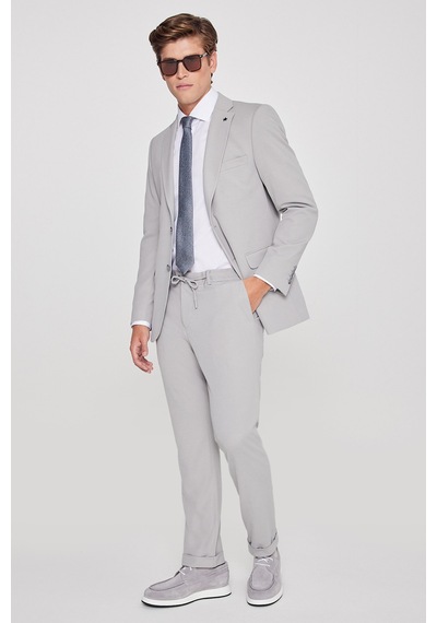 AC&Co / Altınyıldız Classics Erkek Grı Slim Fit Dar Kesim Mono Yaka Beli Bağlamalı Kapak Cepli Esnek Takım Elbise Grı