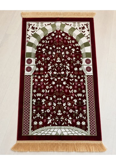 Ravza Desenli Kadife Seccade 70x115 Cm Çeyizlik Hediyelik Seccade Kırmızı