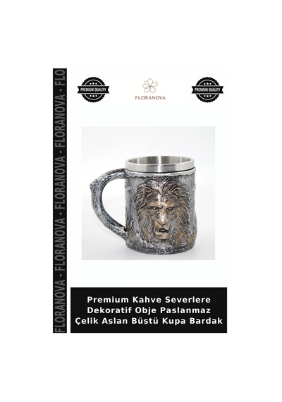 Premium Kahve Severlere Dekoratif Obje Paslanmaz Çelik Aslan Büstü Kupa Bardak Çok Renkli