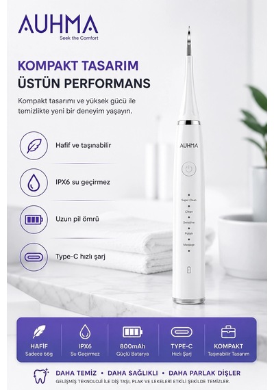 Ultrasonic Şarjlı Elektrikli Akıllı Diş Temizleme Cihazı Beyazlatıcı 5 Mod 3+1 Başlık, Ipx8 Su Geçirmez Beyaz