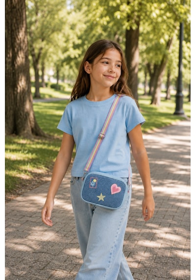 İcone Bag Denim Nakışlı Kız Çocuk Omuz Çantası, Denim İşlemeli Kız Çocuk Çantası, Kot Çocuk Çanta Mavi