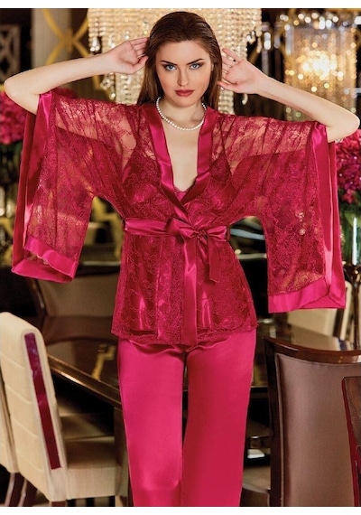 Jeremi 2634 Saten 3'Lü Dantelli Pijama Takımı