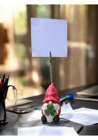 Simli Kırmızı Yonca Tutan Sevimli Şans Cücesi Fotoğraf Not Tutacağı Ofis Masası Tutacak Hediyelik Simli Kırmızı