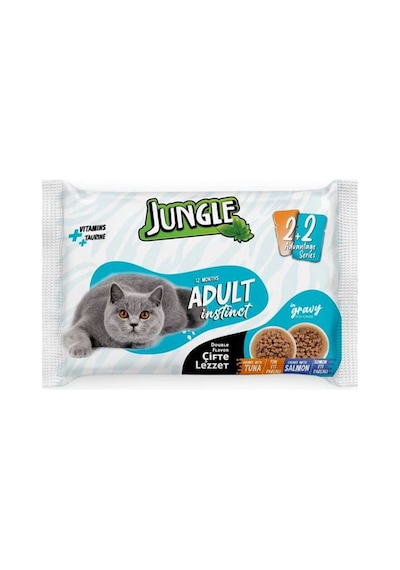 3 Adet Jungle 4 100 Gr. Çift Lezzet Pouch Yetişkin Kedi Ton - Somonlu