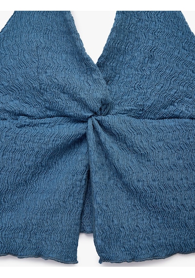 Koton Bürümcük Kolsuz V Yaka Halter Yaka Crop Bluz Mavi 6sal30107ık