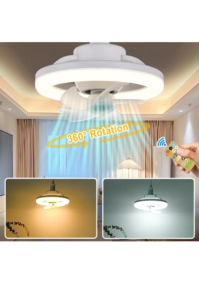360 Dönen Tavan Vantilatörü Işık E27 Akıllı Fan Uzaktan Kumandalı Led Fan Işık Oturma Odası Yatak Odası Üst 35w