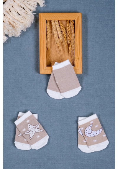 Cocole Socks Erkek Bebek Soket Çorabı 3 Lü Set Pamuklu Bej Ay & Yıldız Desenli Çok Renkli