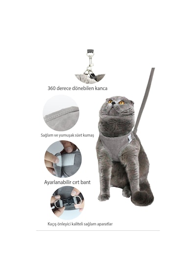 Petköy Kedi Gezdirme Tasması Kedi Göğüs Tasma Seti Yumuşak Süet Kumaş Gri