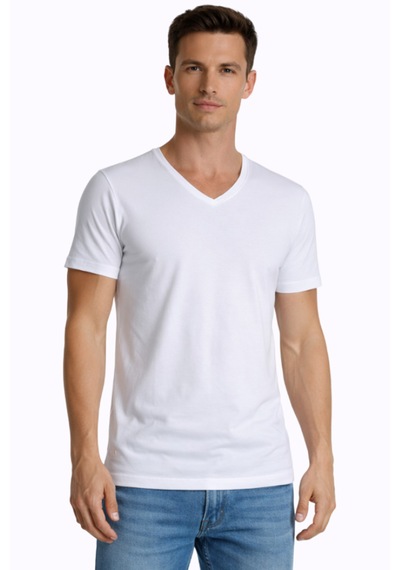 Çift Kaplan Erkek Elastanlı V Yaka T-shirt 0956 3'lü Beyaz