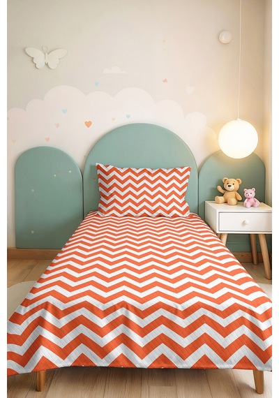 Turuncu Zigzag Geometrik Genç Odası Tek Kişilik Pike Takımı - Modern Chevron 160x220 Cm Yatak Örtüsü Mumlu Duman Kıyımı
