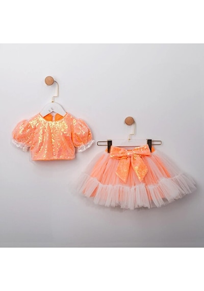 Ministok Mirella Payetli Crop Ve Tütü Etekli İkili Kız Çocuk Takım Neon Oranj