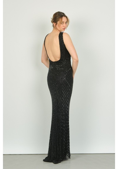 Gatsbylady London Kadın Sırt Dekolteli Full Taş İşlemeli Uzun Abiye Elbise 2510 Siyah