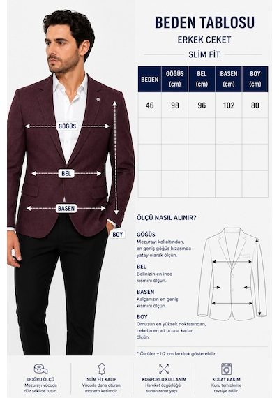 Neco Giyim Erkek Dar Kesim Slim Fit Bordo Blazer Spor Ceket Bordo