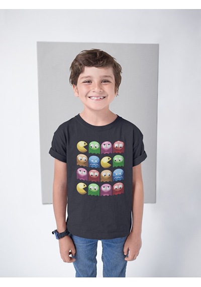 Sevbano Pacman Oyun Baskılı Unisex Çocuk Tişört 1-12 Yaş Siyah
