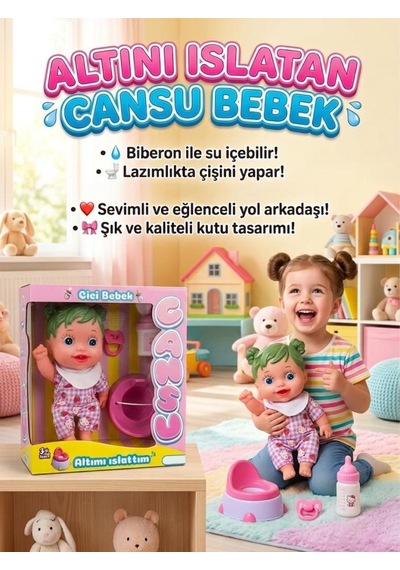 Cansu Bebek: Altını Islatan Renkli Saçlı 4 Parçalı Biberonlu Emzikli Lazımlıklı Oyuncak Bebek Seti Yeşil