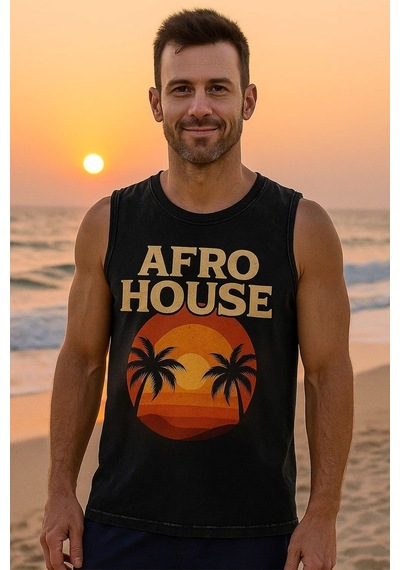Technomonkey Siyah Erkek Pamuklu Vintage Sporcu Atleti Oversize Yıkamalı Afro House Baskılı Kolsuz T-shirt