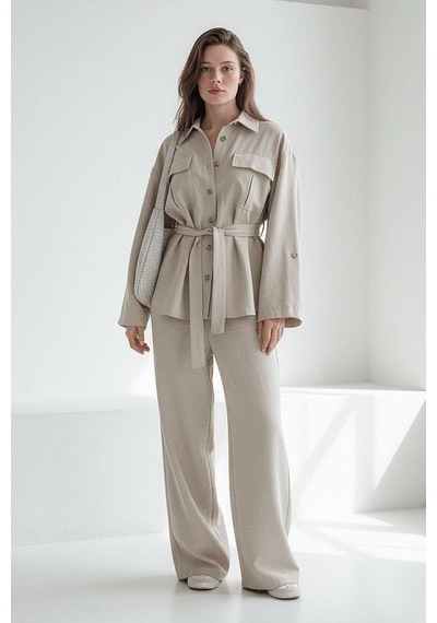 Seeh Bej Uzun Kollu Oversize Kadın Takım Sh338 Standart