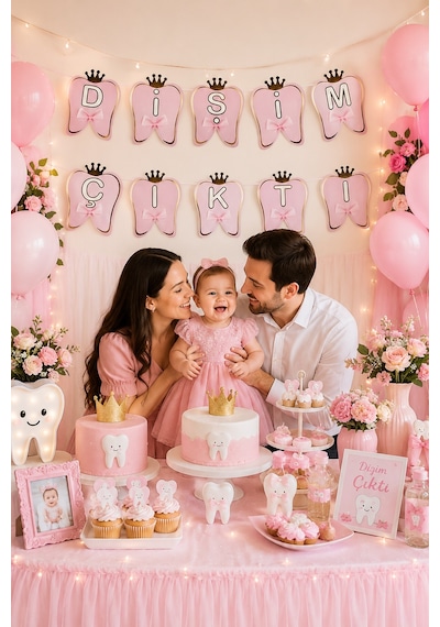 Dişim Çıktı Pembe Kız Çocuk Diş Buğdayı Karton Yazı Lüx Banner Parti Süsü Genel