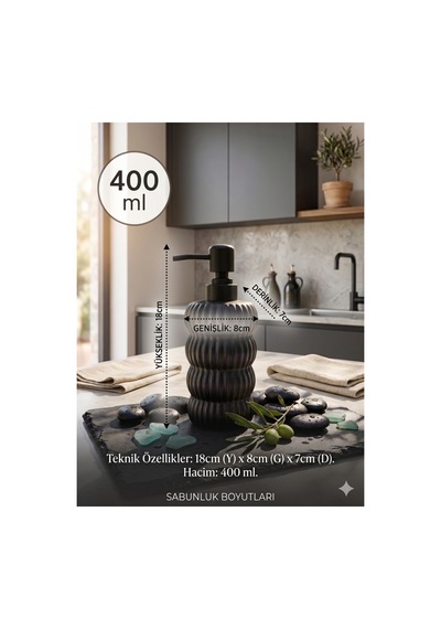 Dalgalı Seramik Mat Siyah Pompalı Sıvı Sabunluk - 400 Ml - 18 X 8 X 7 Cm