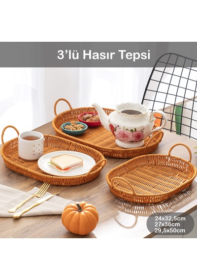 Porsima 708d Oval 3'lü Hasır Tepsi Dekoratif Sunum Servis Tepsisi