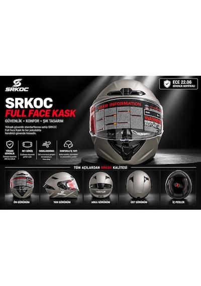 Srkoc İntercom Uyumlu Full Face Ece 22.06 Sertifikalı Gri Motorsiklet Kaskı