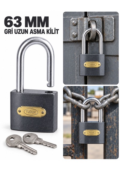 63 Mm Gri Uzun Kelepçeli Asma Kilit 2 Anahtarlı Depo, Dolap Ve Takım Çantası Kilidi