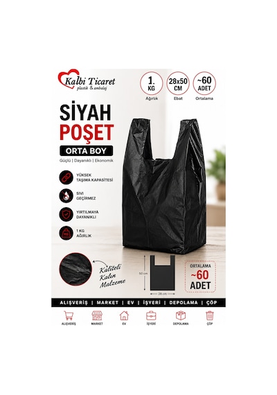Kalbi Ticaret Siyah Poşet Kalın Orta Boy 28 x 50 CM 1 KG Hışır Atlet Poşet
