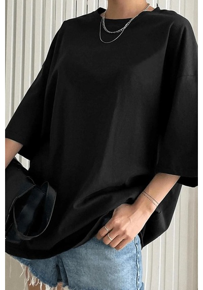 Siyah Basic Düz Baskısız Oversize Salas Boyfriend Kadın T-Shirt Siyah Siyah Basic Düz Baskısız Oversize Salas Boyfriend Kadın T-Shirt Siyah