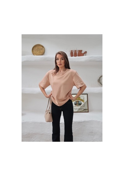 Paw Garage Kadın Mia İnterlok Kumaş Bisiklet Yaka Oversize T-shirt Somon