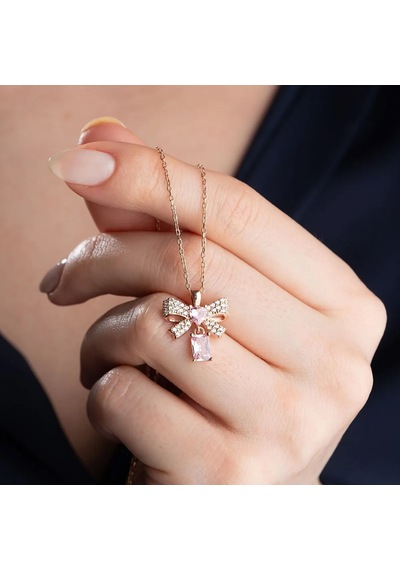 Vaoov 925 Ayar Gümüş Pembe Baget Taşlı Kalpli Kurdele Kolye Rose