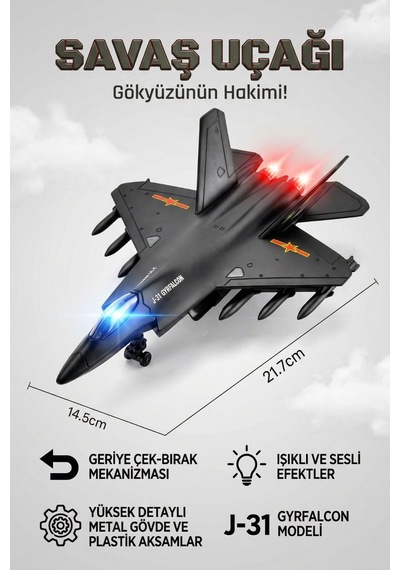 22 Cm Çelik Gövdeli J-31 Gyrfalcon Avcı Jeti - Aydınlatmalı Müzikli, Geri Çekmeli Askeri Hava Aracı Replika Maketi