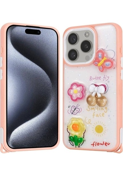 Apple Uyumlu iPhone 15 Pro Kılıf Parlayan Simli Kabartma Figürlü Zore Cevze Kapak Pembe