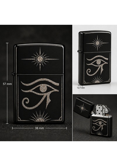Tamgacrafts Horus Gözü Desenli Siyah Metal Benzinli Çakmak