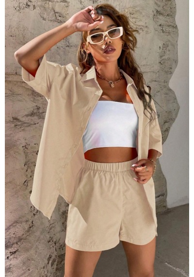 Cool Tarz Kadın Oversize Gömlek Şort Takım Yazlık 2 Li Kombin Rahat Kesim Bej