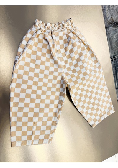 Magu Çocuk Pamuklu Bej Dama Desenli Oversize Pantolon