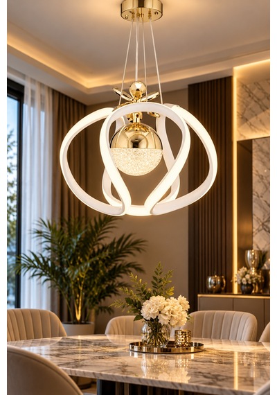 Defne Modern Gold Beyaz Ledli Avize Yatak Odası - Hol - Salon Beyaz Beyaz