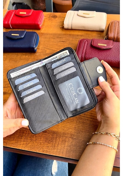 Lavinia Siyah Vegan Deri Kadın Cüzdan Fermuarlı Ve Mıknatıslı 16x9 Cm Siyah