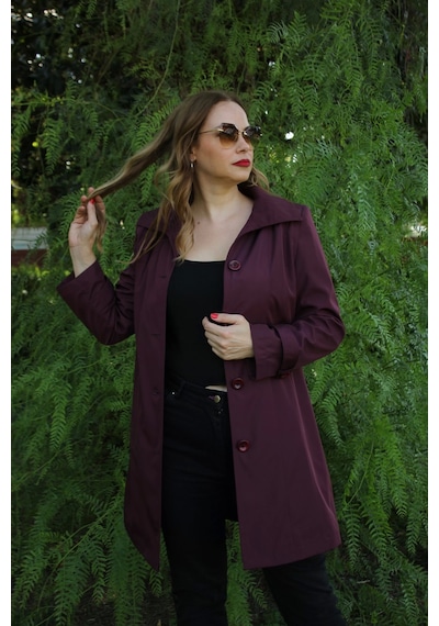 Moda Berray 1671 Kolu Düğme Detaylı Uzun Kapişonlu Mürdüm Büyük Beden Kadın Ceket Mürdüm